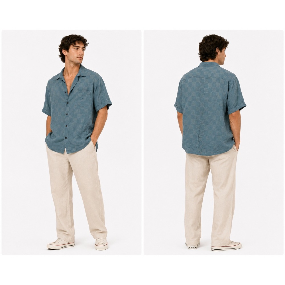 Solitude Button Down Shirt Mens L Blue‎ Jacquard Palm Tree Tropical Camp Beach
